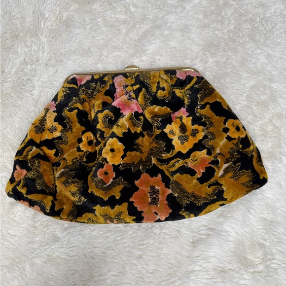 Vintage Floral Carpet Bag Floral Velvet Burnout Clutch Large Black Marigold Pink - Picture 4 of 9